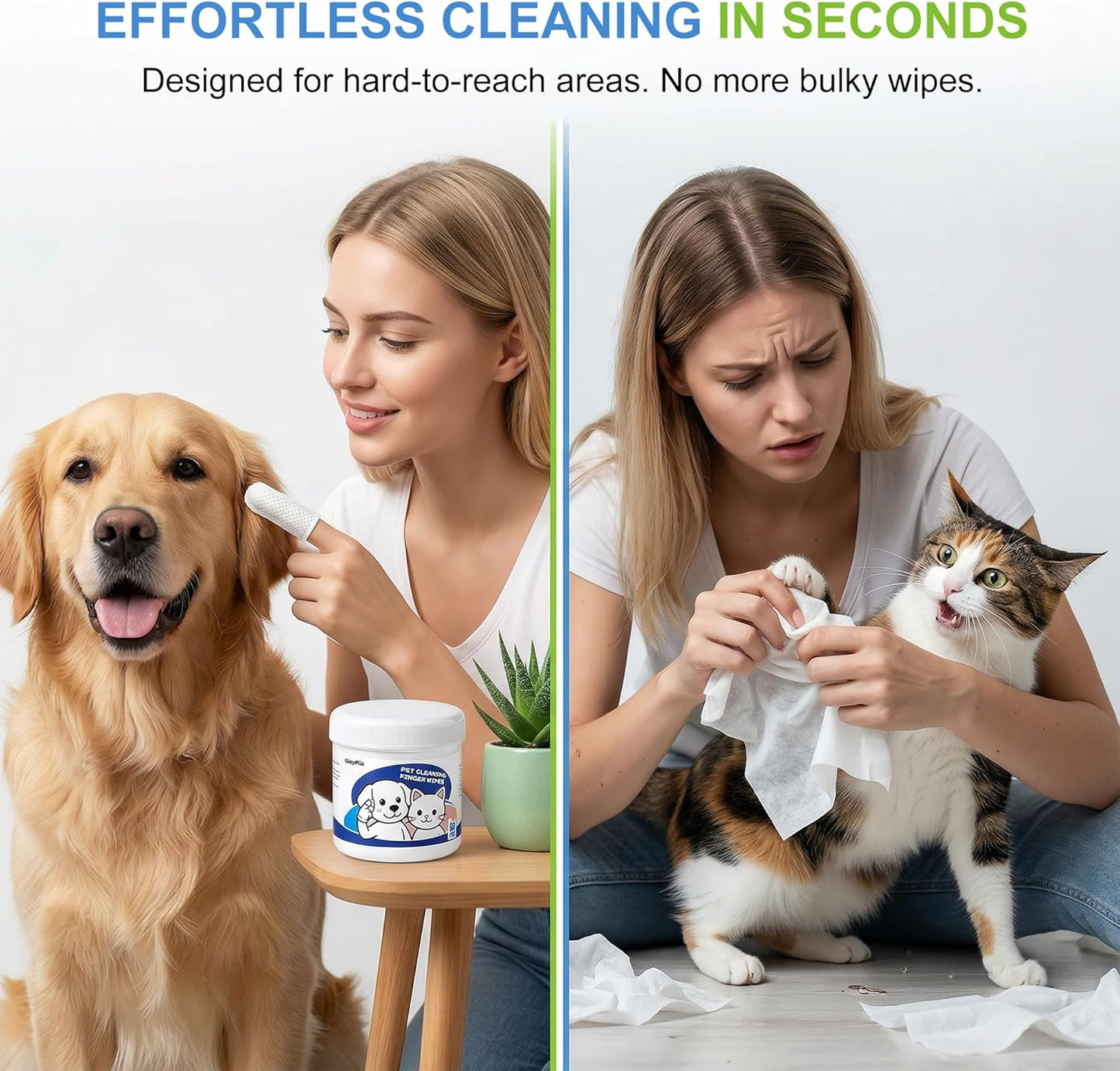 Vet-Recommended Pet Finger Wipes, Coconut Scent 60CT, Triple Clean Dental, Tear Stain & Ear, Freshen Breath & Remove Plaque Tartar, Replace Toothbrush Paste, Friendly to Timid Shy Pets