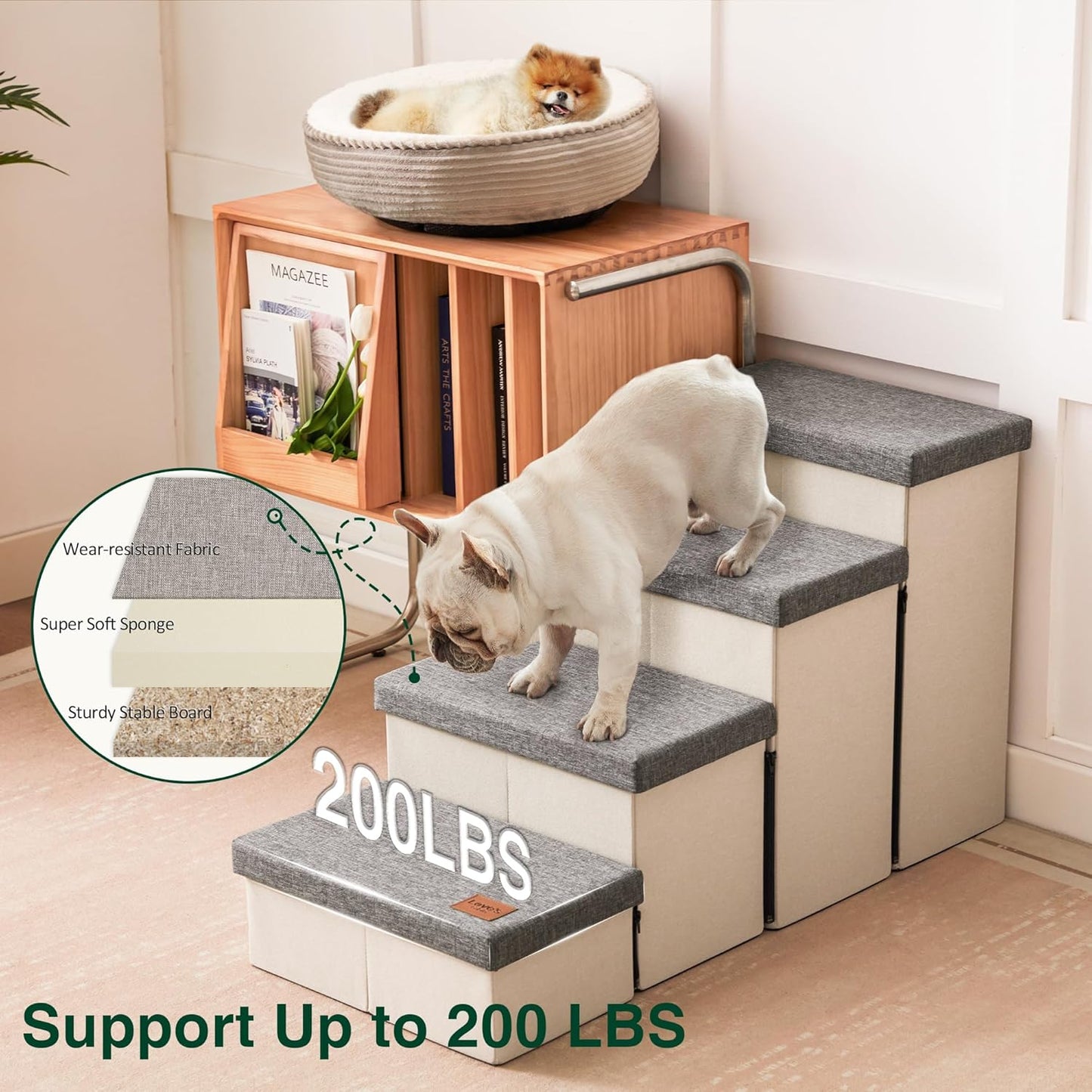 Love's cabin Dog Stairs with Storage 13" H, Foldable Pet Stairs for Small Medium or Large Dogs, Cat Puppy Steps Ramp with Zip up to 150 lbs, Solid Grey, 2 Steps