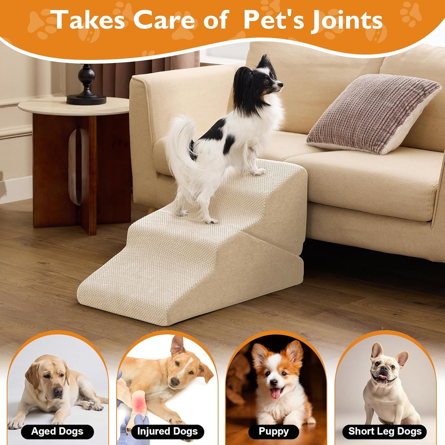 Dog Stairs for Bed 23’’ H, 5-Step Dog Steps for High Bed, Foldable Pet Stairs for Small Dogs and Cats to Get on Beds, Couch, Non-Slip Balanced Pet Steps and Ramp with Waterproof Cover, Grey