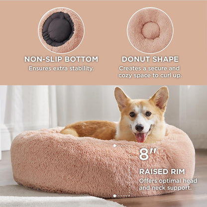 Bedsure Calming Dog Bed Medium Size Dog - Donut Washable Medium Pet Bed, 30 inches Anti-Slip Round Fluffy Plush Faux Fur Cat Bed, Fits up to 45 lbs Pets, Camel