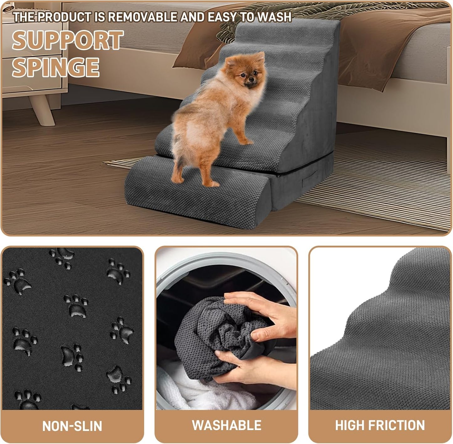 Dog Stairs for High Beds 30-36 inches Tall, 6-Step Pet Stairs/Steps for High Bed 32-36 inches for Small Large Dogs, Foam Dog Steps for Beds for Old Dogs/Cats, Dark Grey