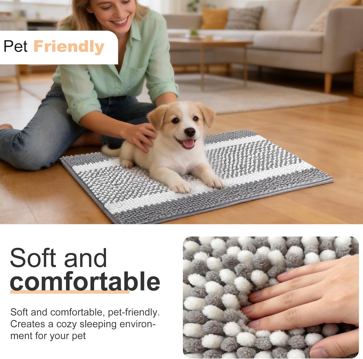 pobopobo Dog Door Mat for Muddy Paws - Absorbent & Washable Chenille Rug, Non-Slip Dirt Trapper for Indoor Outdoor Entryway, Quick Dry Pet Mat for Muddy Dogs (Striped Gray-Blue&White, 24" x 16")