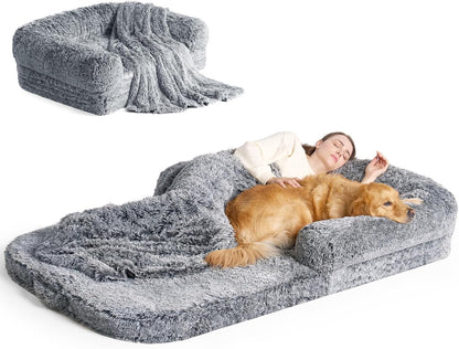 EHEYCIGA Foldable XXL Dog Bed for Large Sized Dog, 54"x38"x7.5" Faux Fur Fluffy Pet Couch Bed, Orthopedic Calming Memory Foam Big Pet Bed, Washable Pet Sofa Bed with Non-Slip Bottom, Dark Grey