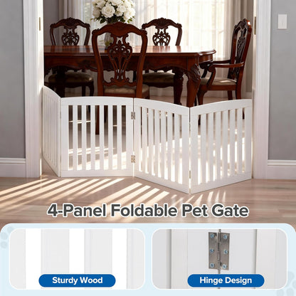 DUMOS Pet Gate for Dogs and Cats, 24 Inch 4 Panels Foldable Wooden Freestanding Dog Gate with Hinge Design, Indoor Portable Extra Wide Dog Fence Pet Barrier for Doorways, Stairs, Kitchen, White