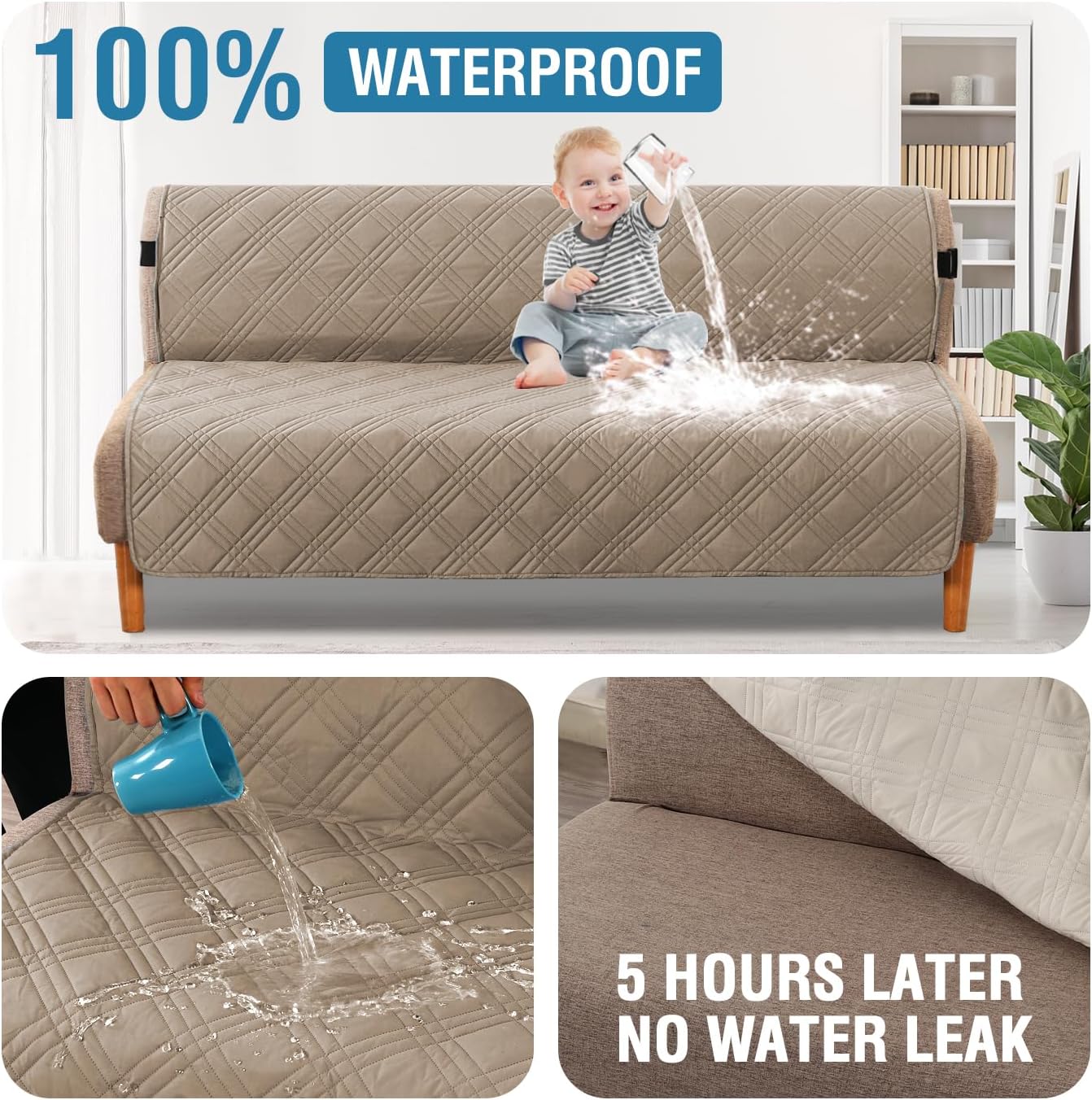 H.VERSAILTEX 100% Waterproof Slipcovers for Couches and Sofas Modern Pet Couch Cover Thick Soft Furniture Protector with Elastic Straps(Sofa, Lily Pad/Beige)