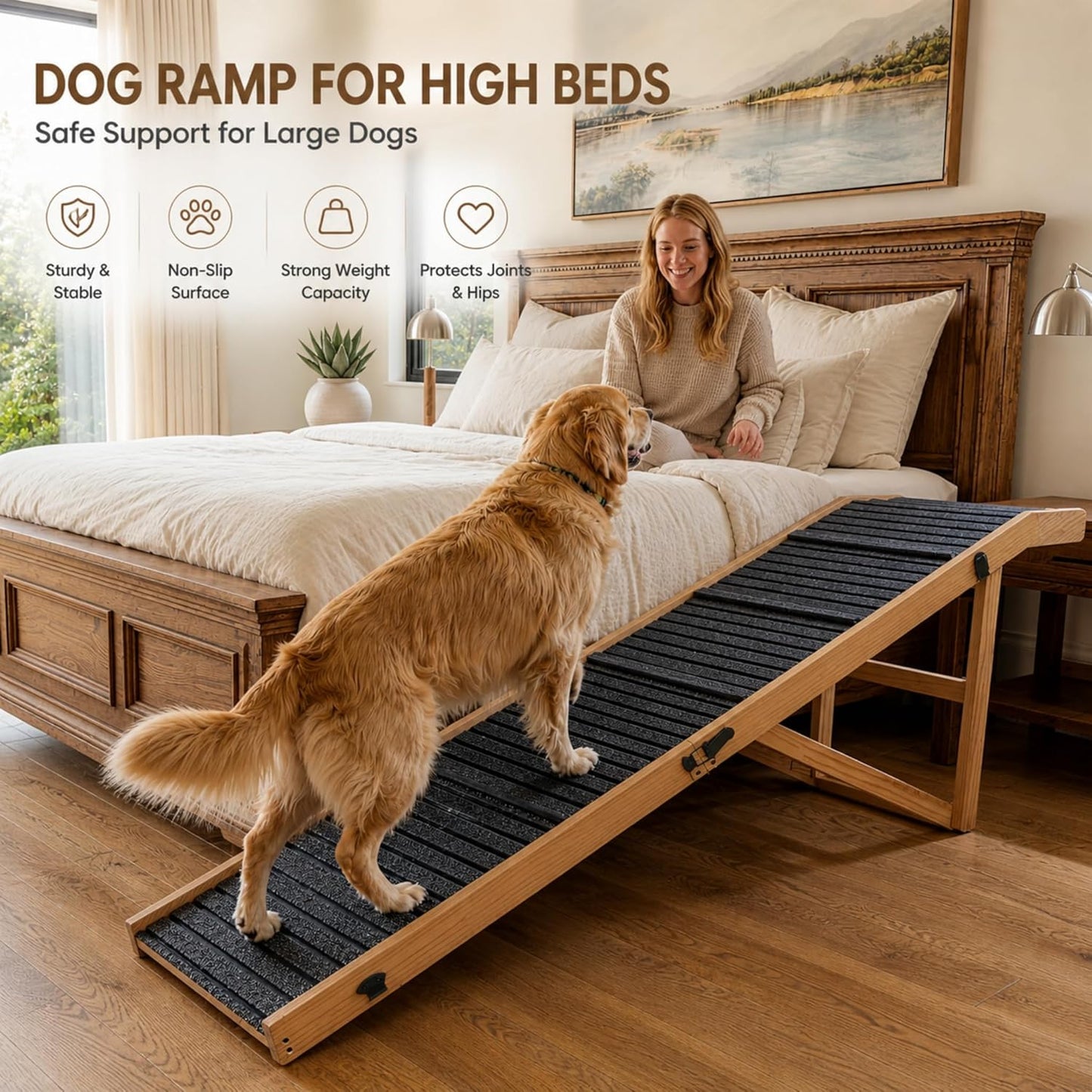 2026 Upgraded Dog Ramp for Couch & Low Bed, 33" L Folding Wood Pet Ramp 200LB Capacity, 4-Level Adjustable Height 11"-20", Non-Slip Sturdy Puppy Ramp for Small & Senior Dogs, Joint Relief, Wavy Design