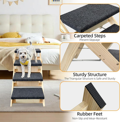 Dog Stairs/Ramp for Bed, Wooden 2-in-1 Foldable Pet Stairs & Ramp, Portable Dog Ladder Up to 180 Pound for Elderly/Short-Legged Dogs, 4 Steps for Beds, Couch, Cars