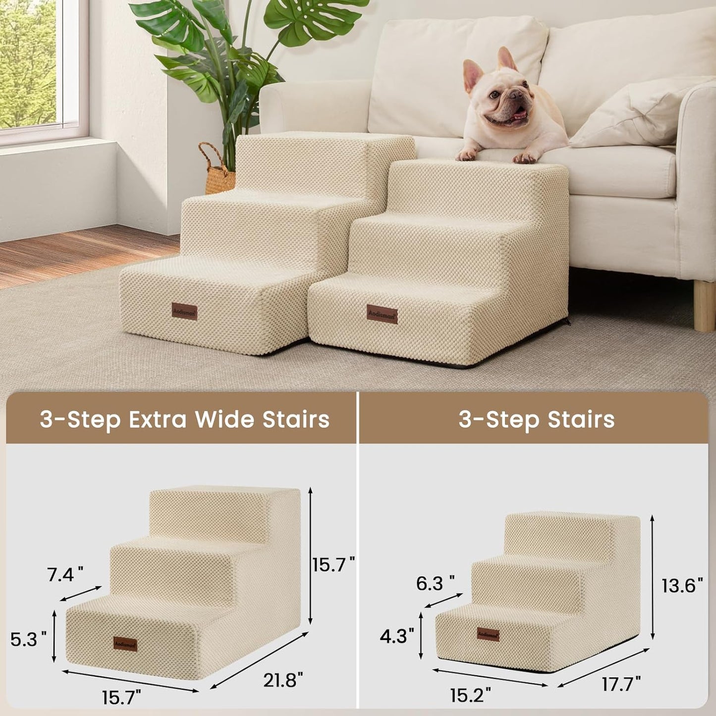 Aodisman Dog Stairs for Small Dogs, 3-Step Non-Slip Pet Stairs for Couch Sofa and Chair, Dog Bed Stairs for Puppy, Older Cat,Grey,13.6" H