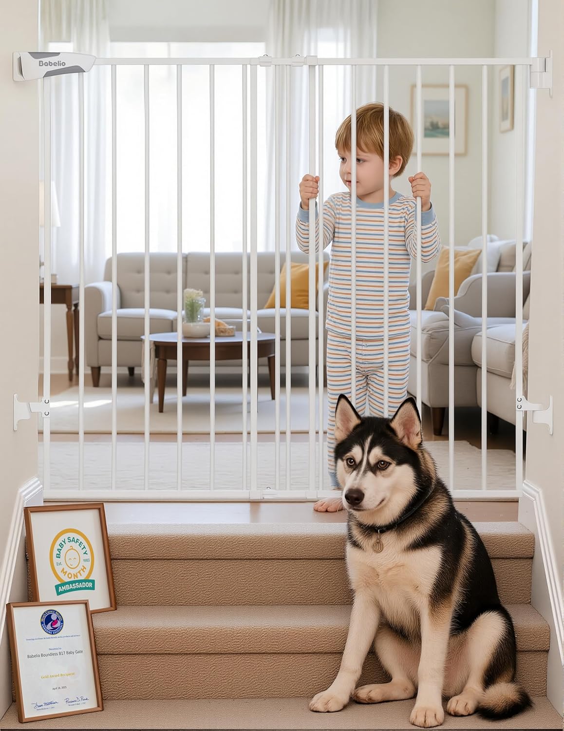 Babelio Baby Gate for Stairs, Kitchen & Doorways, 26-43" W 28" H No Bottom Bar| Easy Installation| One-Handed Operation| Auto-Close| Hardware Mount (Drill Needed) Safety Dog/Pet Gate Indoor (White)