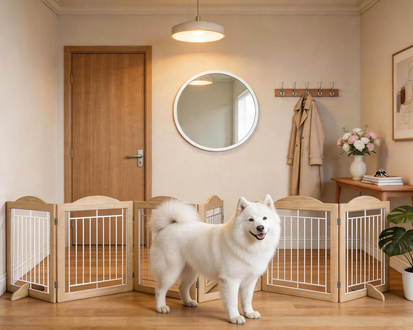 Vantas Espresso Wooden Folding Dog Gate 144" Wide x 30" Tall with Door, Freestanding Pet Gate, Pet Puppy Safety Fence