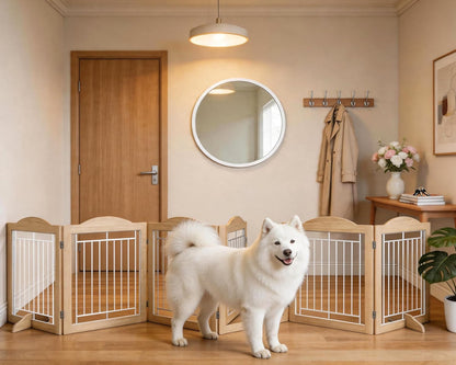 Vantas Espresso Wooden Folding Dog Gate 144" Wide x 30" Tall with Door, Freestanding Pet Gate, Pet Puppy Safety Fence