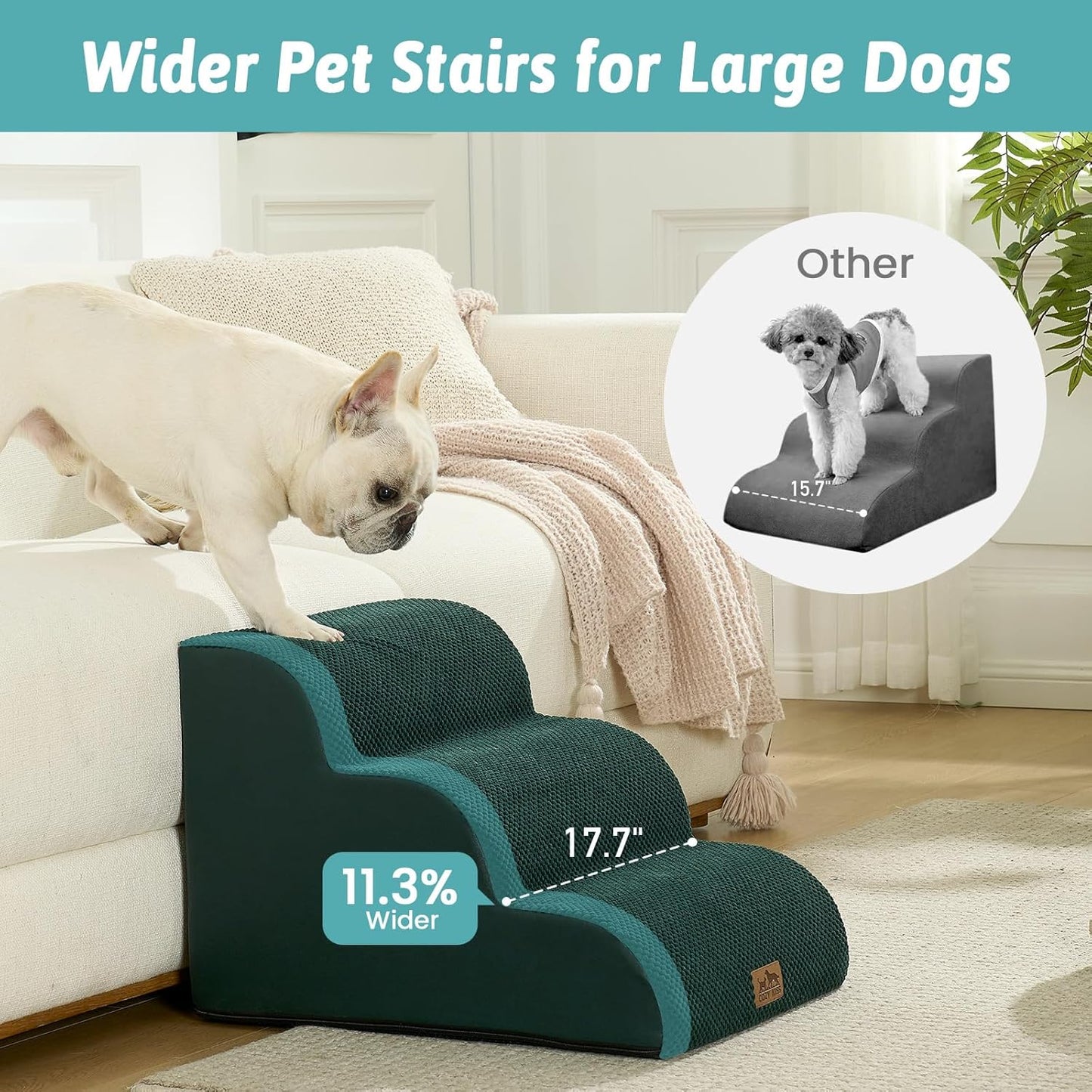 COZY KISS Dog Stairs for Small Dogs 15.7" H, Curved Dog Step for Puppy, Older Cat, Medium Pet Ramp for Sofa, Couch or Chair, Ladder with High Density Foam, 3 Step, 15.7x22.4x15.7 inch, Beige