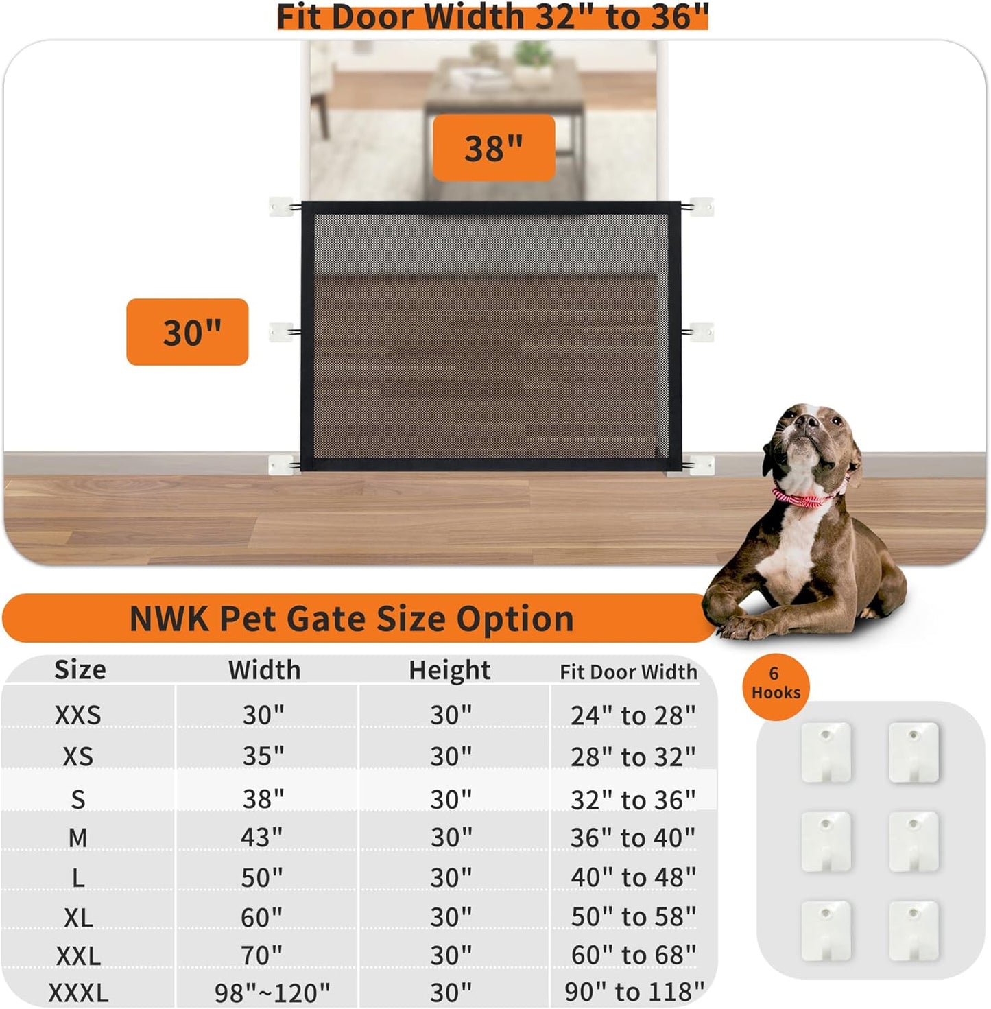 NWK Magic Dog Gate for Stairs Pet Gate for The House Providing a Safe Enclosure for Pets to Play and Rest, 6 Hooks Design (30'' X 43'')