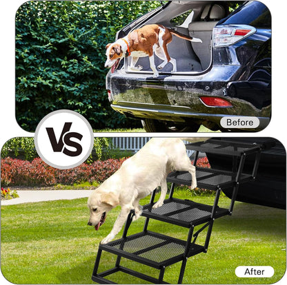 DGSL Dog Ramp for Car, 4-Step Folding Dog Stairs, Aluminum, Black, Supports Up to 250 Lbs