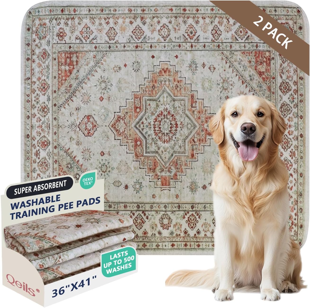 Qeils Washable Pee Pads, Reusable Puppy Pads Super Absorbent Leakproof Dog Training Pads, Non-Slip Wee Wee Pads for Crate, Floor, Potty Pads Feeding Mat Dog Pee 2 Pack 18"x30"
