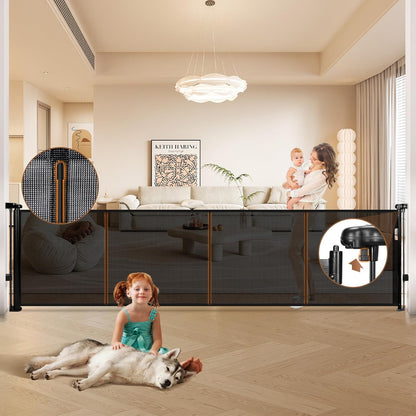 236" Retractable Baby Gate Extra Wide, 41" Tall Retractable Dog Gate for Stairs, Doorways, Decks, Mesh Gate Long Child Gate Pet Gate for Indoor, Outdoor, with Reinforced Mesh Rods, Dual Locks