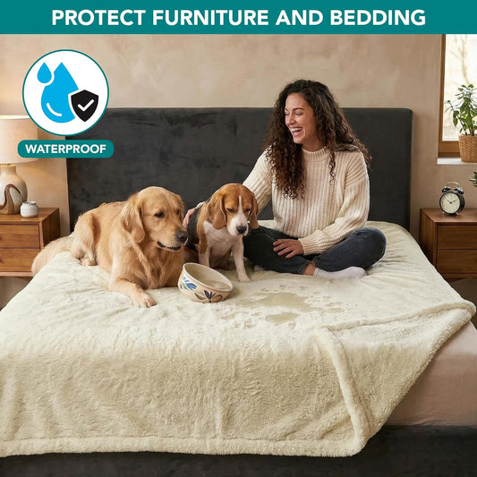 PetAmi Fluffy Waterproof Dog Blanket for Couch and Bed, Reversible Sherpa Pet Throw, Pee Proof Furniture Protector Sofa Cover, Washable Cat Blanket for Medium Large Dogs and Cats (Beige Cream, 60x80)