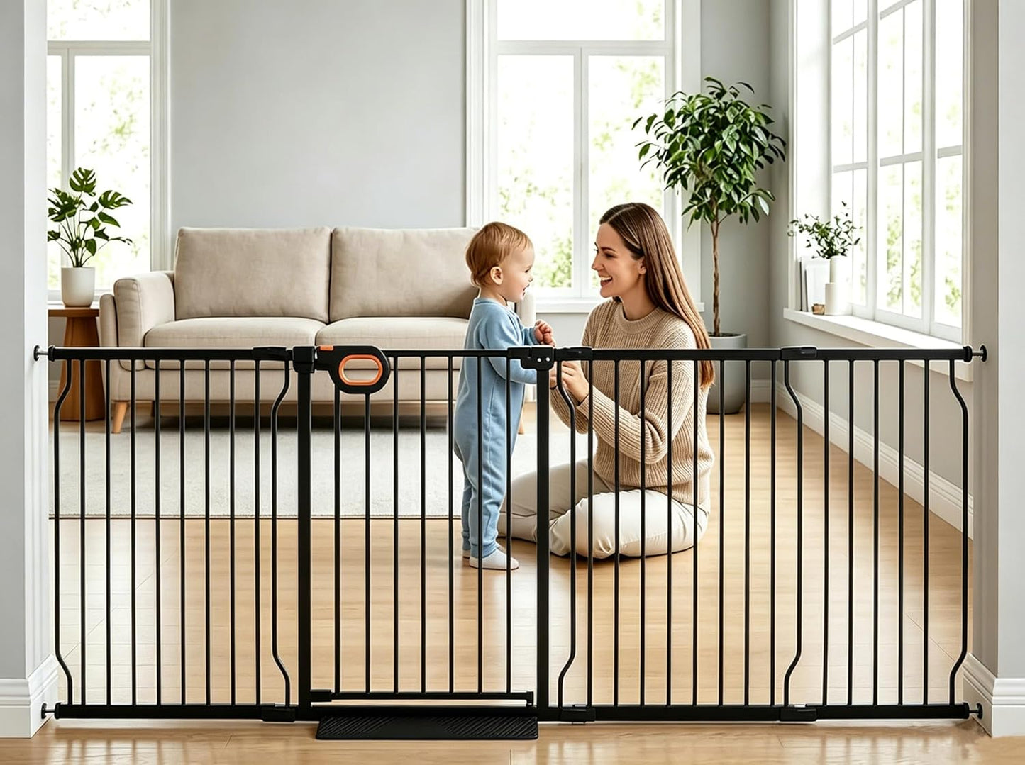 Baby Gates Extra Wide for Large Opennings with Door Pressure Mounted 90.6-95.2 Inch Extra Wide Baby Gate Dog gate for Doorways Indoor Metal Gate No Drilling with Walk-Through Door,White