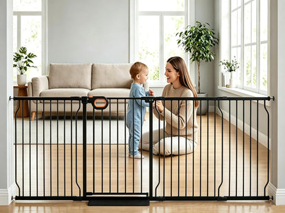 Baby Gates Extra Wide for Large Opennings with Door Pressure Mounted 90.6-95.2 Inch Extra Wide Baby Gate Dog gate for Doorways Indoor Metal Gate No Drilling with Walk-Through Door,White