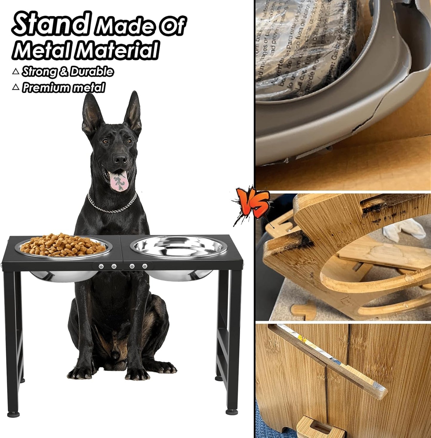 ADENGL Metal Raised Dog Bowl, 10" Tall Elevate Dog Feeder Stand with 2 Stainless Steel 42oz Bowls & 16x24 Non-Slip Mat – Stronger Dogs Food & Water Bowl Stand (Black)