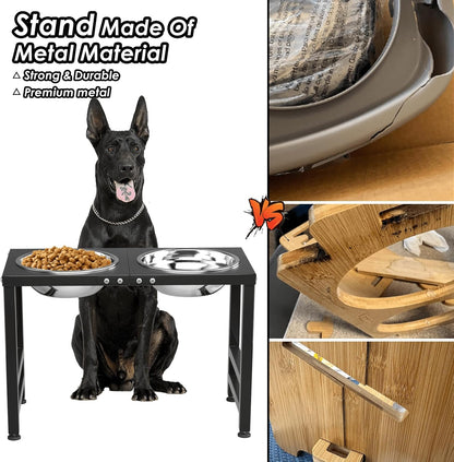 ADENGL Metal Raised Dog Bowl, 10" Tall Elevate Dog Feeder Stand with 2 Stainless Steel 42oz Bowls & 16x24 Non-Slip Mat – Stronger Dogs Food & Water Bowl Stand (Black)