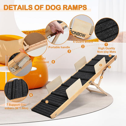 Upgraded Dog Ramp for Bed, Couch, Car, Foldable Pet Ramp, Non-Slip Pad & Safety Baffle-6 Adjustable Height 12" to 30", Portable Stable Pet Steps for Small & Medium Old Dogs & Cats ﻿