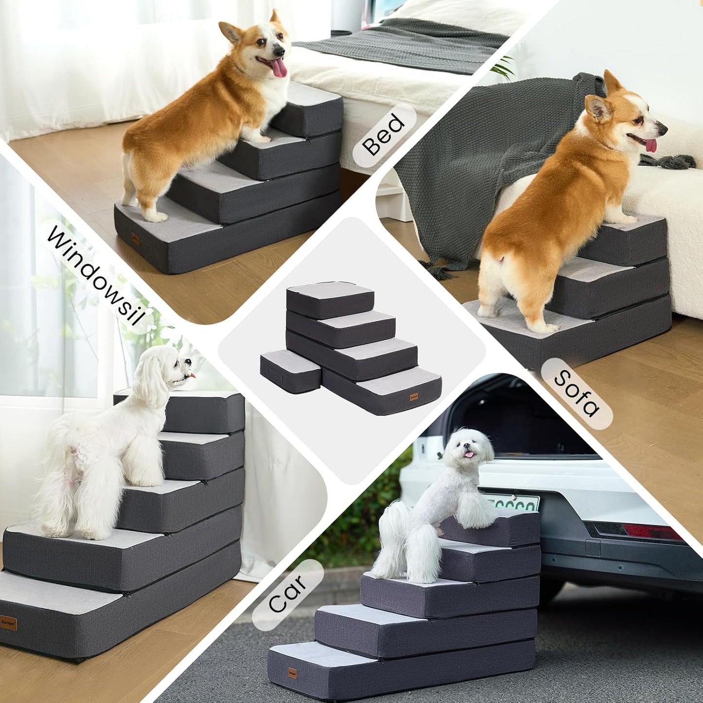 Garnpet 4-Step Adjustable Dog Stairs for Beds, Dog Steps for Small Dogs and Cats, Foldable Pet Stairs for Bed Climbing, Non-Slip Pet Step Indoor, Grey