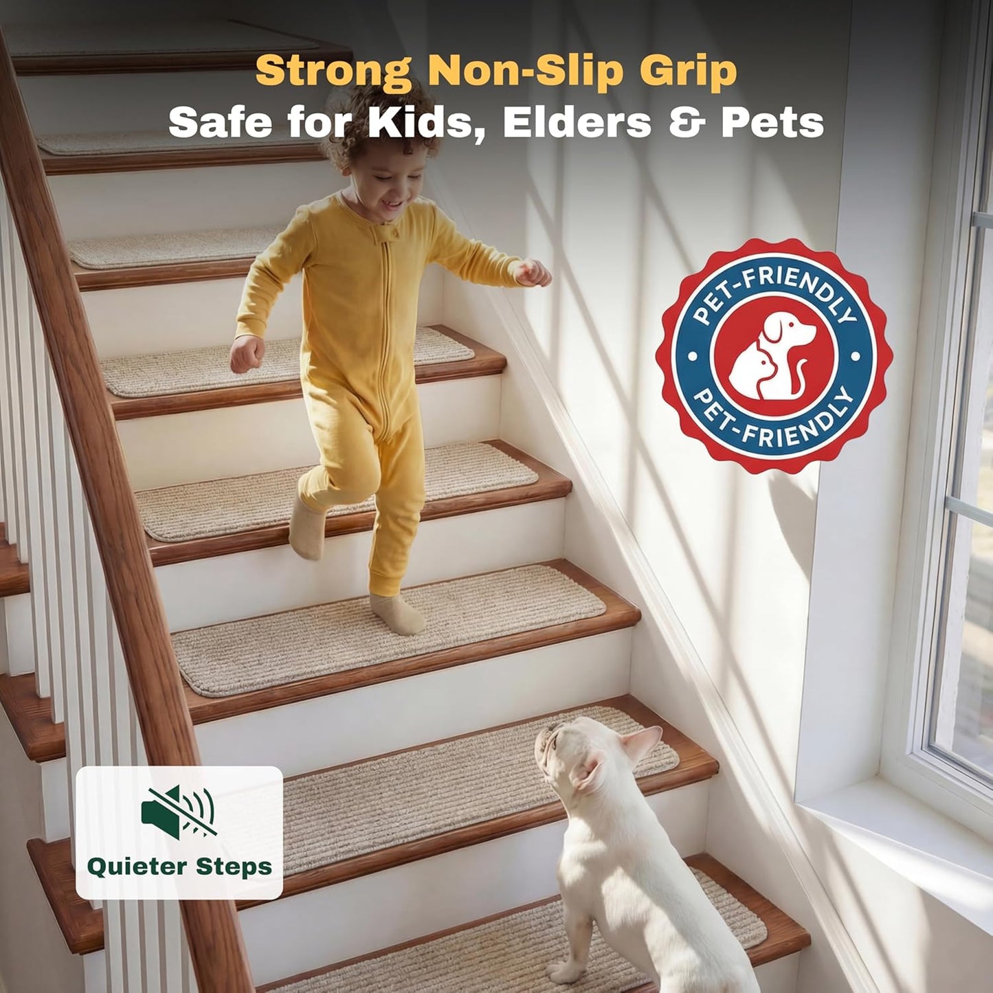 MBIGM 8" X 30" (15 in Pack) Nonslip Carpet Stair Treads Non-Skid Safety Rug Slip Resistant Indoor Runner for Kids Elders & Pets with Reusable Adhesive - Brown - Non Slip Stair Treads Indoor