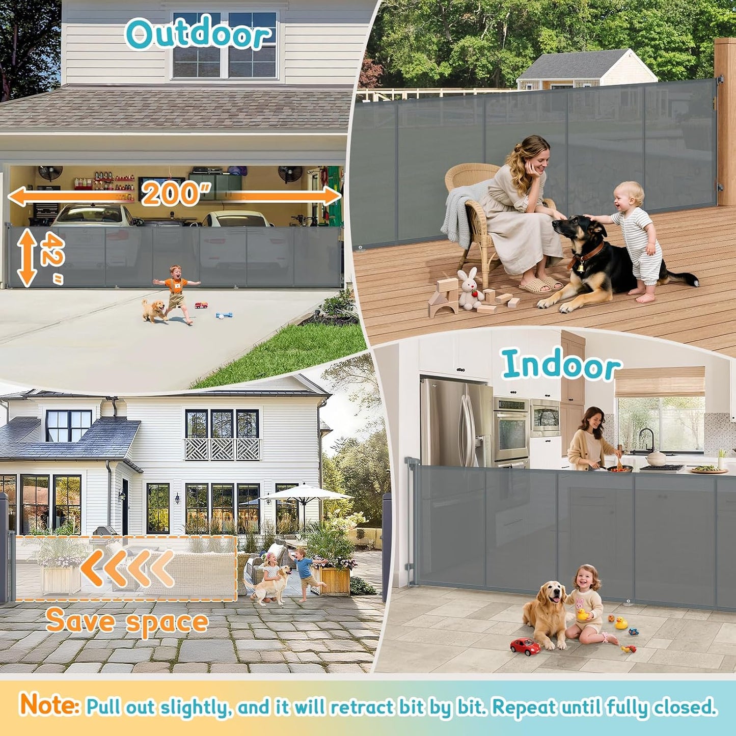 160 Inch Retractable Baby Gates Extra Wide, 42 Inch Extra Tall Retractable Gate, 13 FT Reinforced Retractable Dog Gate with Reinforcement Rod to Prevent Crawling Through, for Doorways, Stairs, Hallway
