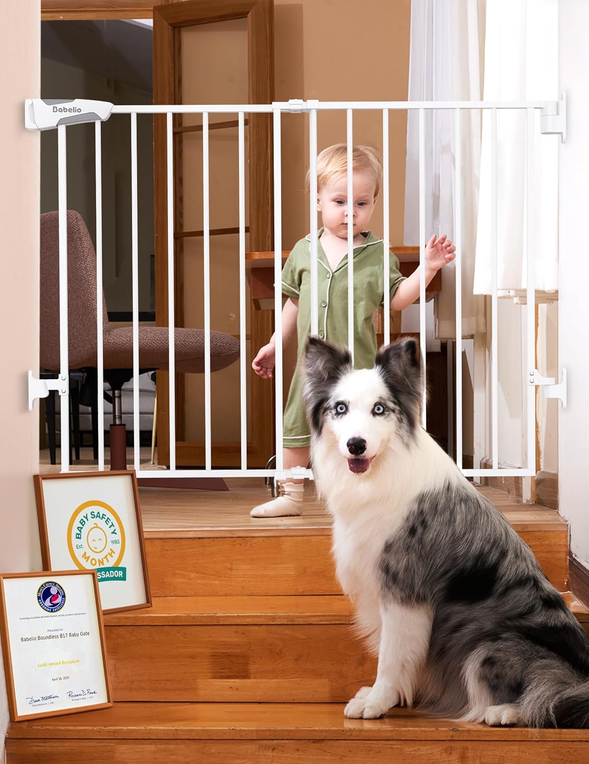 Babelio Baby Gate for Stairs, Kitchen & Doorways, 26-43" W 28" H No Bottom Bar| Easy Installation| One-Handed Operation| Auto-Close| Hardware Mount (Drill Needed) Safety Dog/Pet Gate Indoor (White)