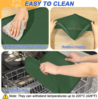 Small Silicone Pet Food Mat with Raised Edge for Food and Water Bowl, Square Dog Feeding Mats, Cat Food Trays for Floor Waterproof, Rubber Tray for Dogs and Cats, 12 x 12 x 0.7 Light Olive Green