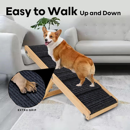 Small Dog Ramp for Bed and Couch Wooden Adjustable Pet Stairs for Dogs and Cats 31.6" Non Slip Foldable Ramp with 4 Height Settings 10"-17" for Puppies,Car, SUV Indoor Outdoor Use