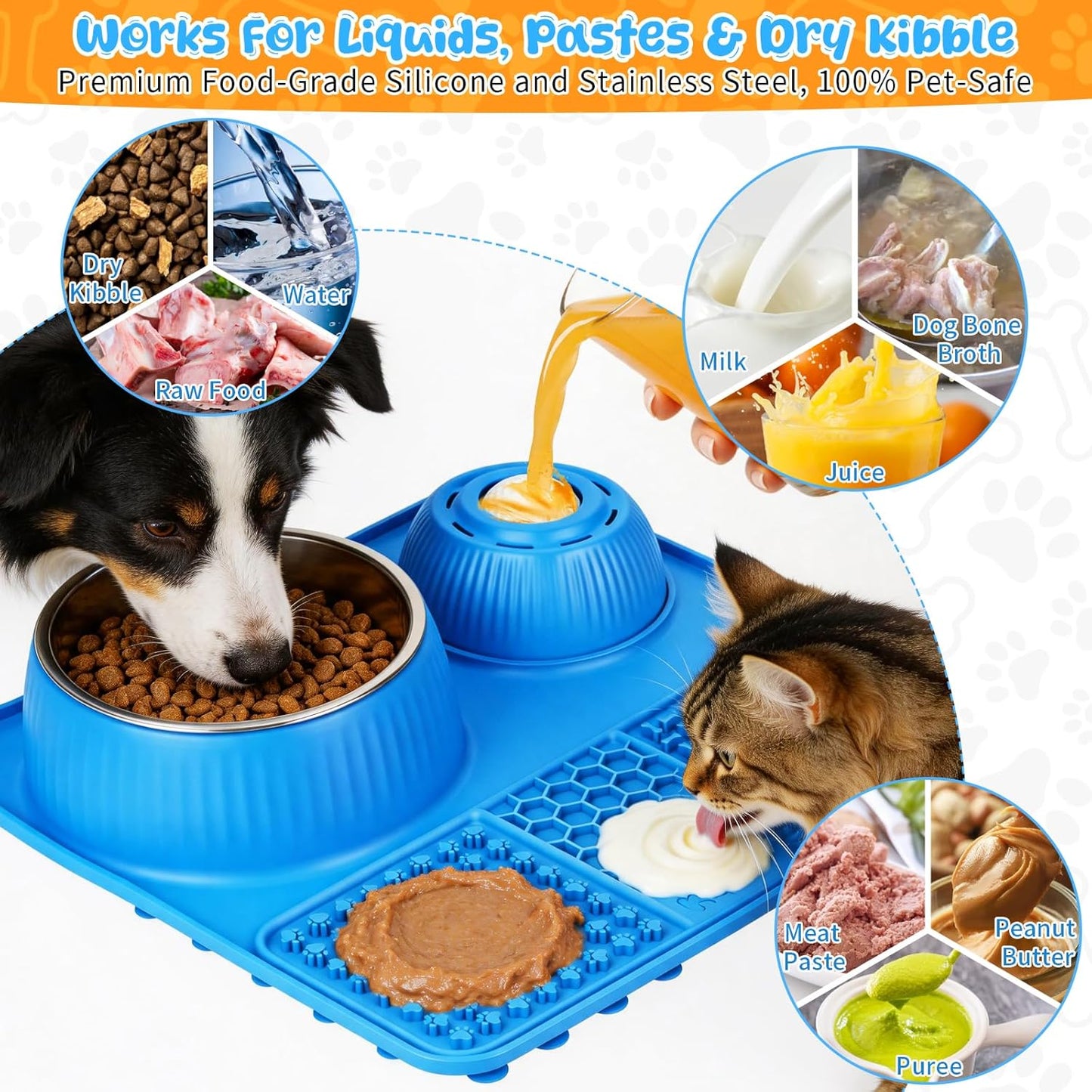 Dog Lick Bowl with Rolling Ball for Liquid and Thick Treat—3 in 1 Slow Feeder Dog Bowls+Lick Mat+50oz Stainless Steel Food Bowl,Anti-Slip 5/6 Cup Licking Toy for Medium Large Dogs and Cats Grey