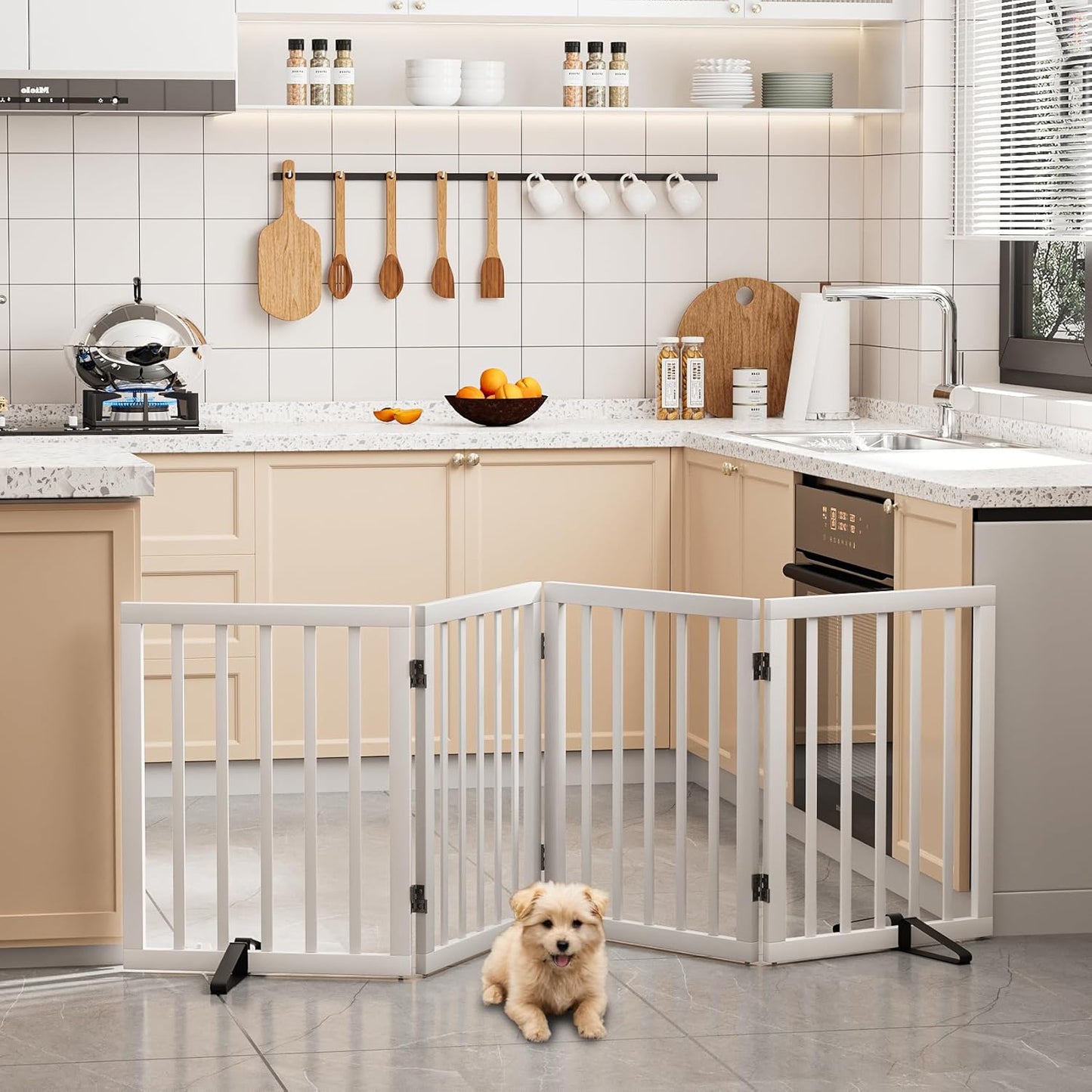 Freestanding Dog Gates Indoor, 3-Panel Pet Gates with 2 Metal Stands and 360° Hinge, 24" H Foldable Dog Gate for Stairs, Doorway, Kitchen, Expands Up to 55" Fully Assembled - Black Walnut