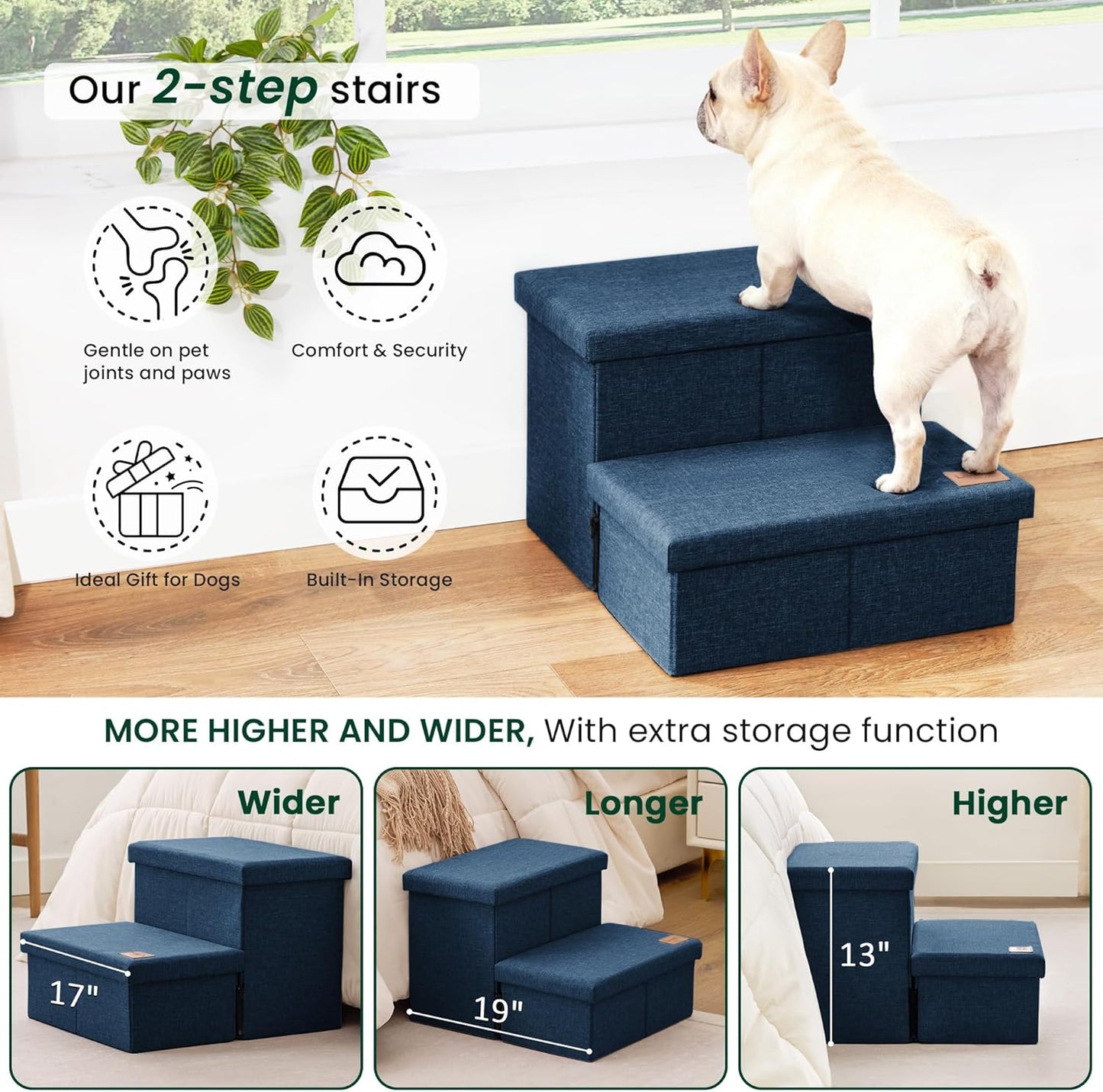 Love's cabin Dog Stairs with Storage 13" H, Foldable Pet Stairs for Small Medium or Large Dogs, Cat Puppy Steps Ramp with Zip up to 150 lbs, Solid Grey, 2 Steps