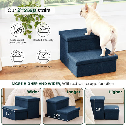Love's cabin Dog Stairs with Storage 13" H, Foldable Pet Stairs for Small Medium or Large Dogs, Cat Puppy Steps Ramp with Zip up to 150 lbs, Solid Grey, 2 Steps