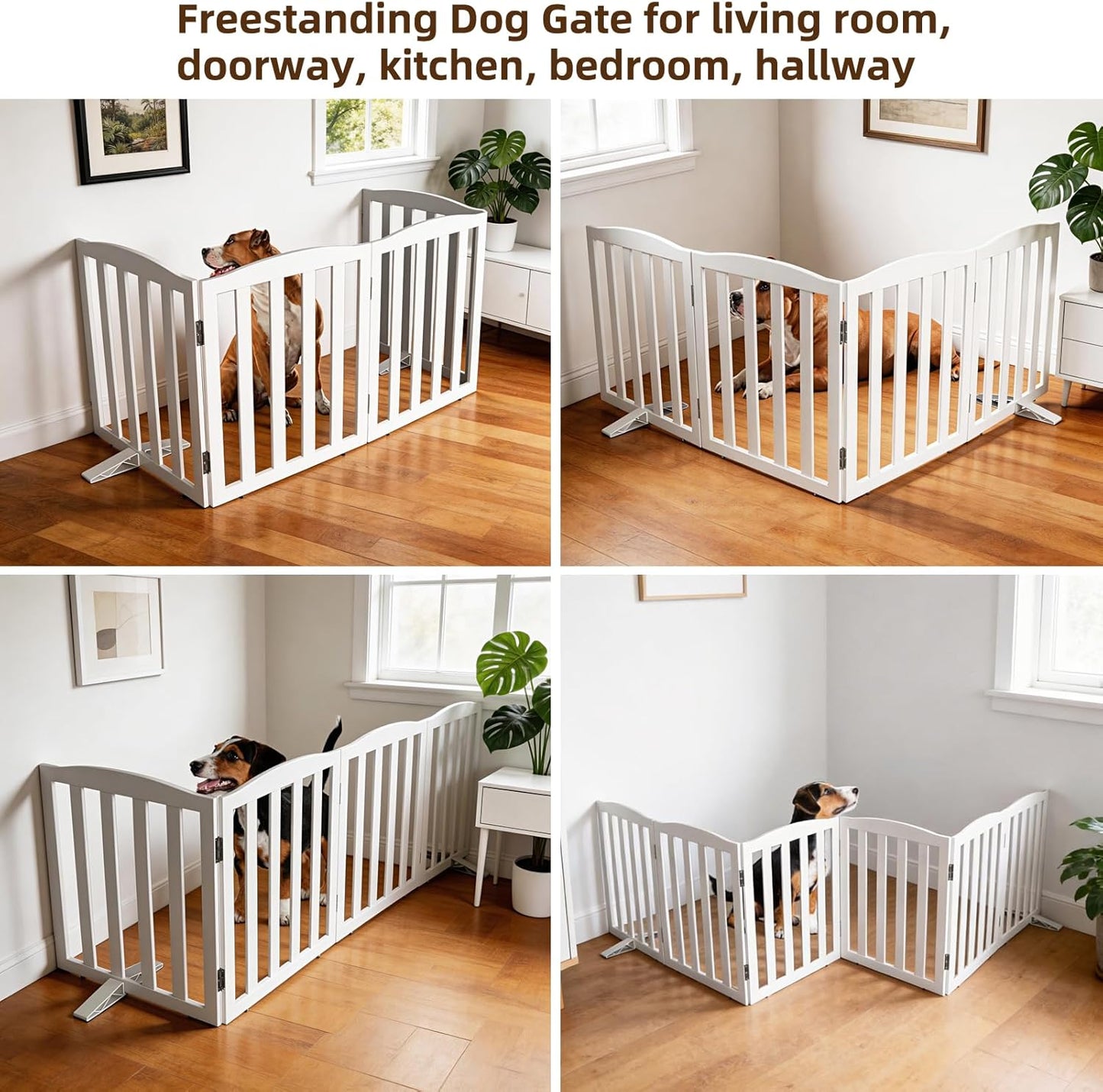 ZJSF Foldable Freestanding Indoor Dog Gate for House Wood White Long Pet Gates Dog Fence for Stairs Puppy Gates for Hallways,Pet Fence, Puppy Gate,Support Feet Included 24 "Height-3 Panels
