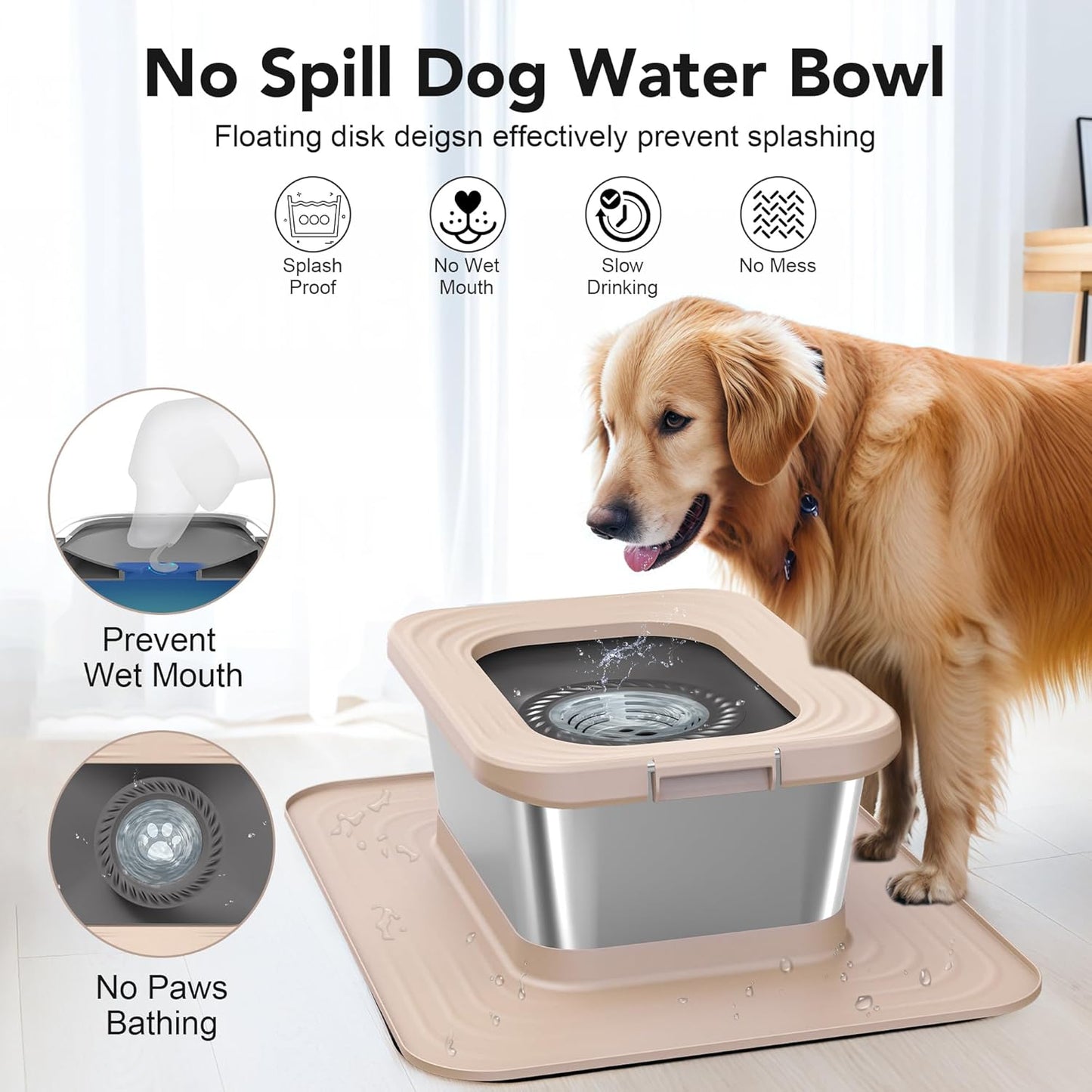 Decflow 10L Stainless Steel Dog Water Bowl, No Spill Anti-Splash Dog Bowls with XXL Silicone Mat, Spill-Proof Slow Feeder for Messy Drinkers, Heavy Duty Pet Bowls for Indoor/Outdoor Use Grey