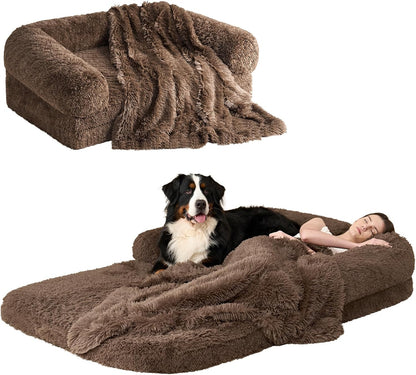 EHEYCIGA Foldable XXL Dog Bed for Large Sized Dog, 54"x38"x7.5" Faux Fur Fluffy Pet Couch Bed, Orthopedic Calming Memory Foam Big Pet Bed, Washable Pet Sofa Bed with Non-Slip Bottom, Dark Grey