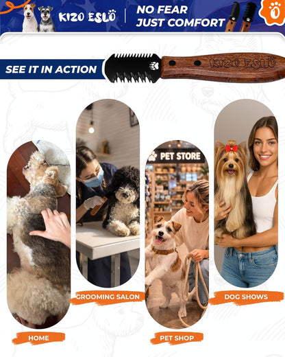 KIZO ESLO Dog Dematting Brush & Undercoat Rake for Doodles, Poodles & Long-Haired Pets, Detangling Comb for Thick Curly Coats, Removes Mats, Knots & Tangles, Stainless Steel Teeth with Wooden Handle