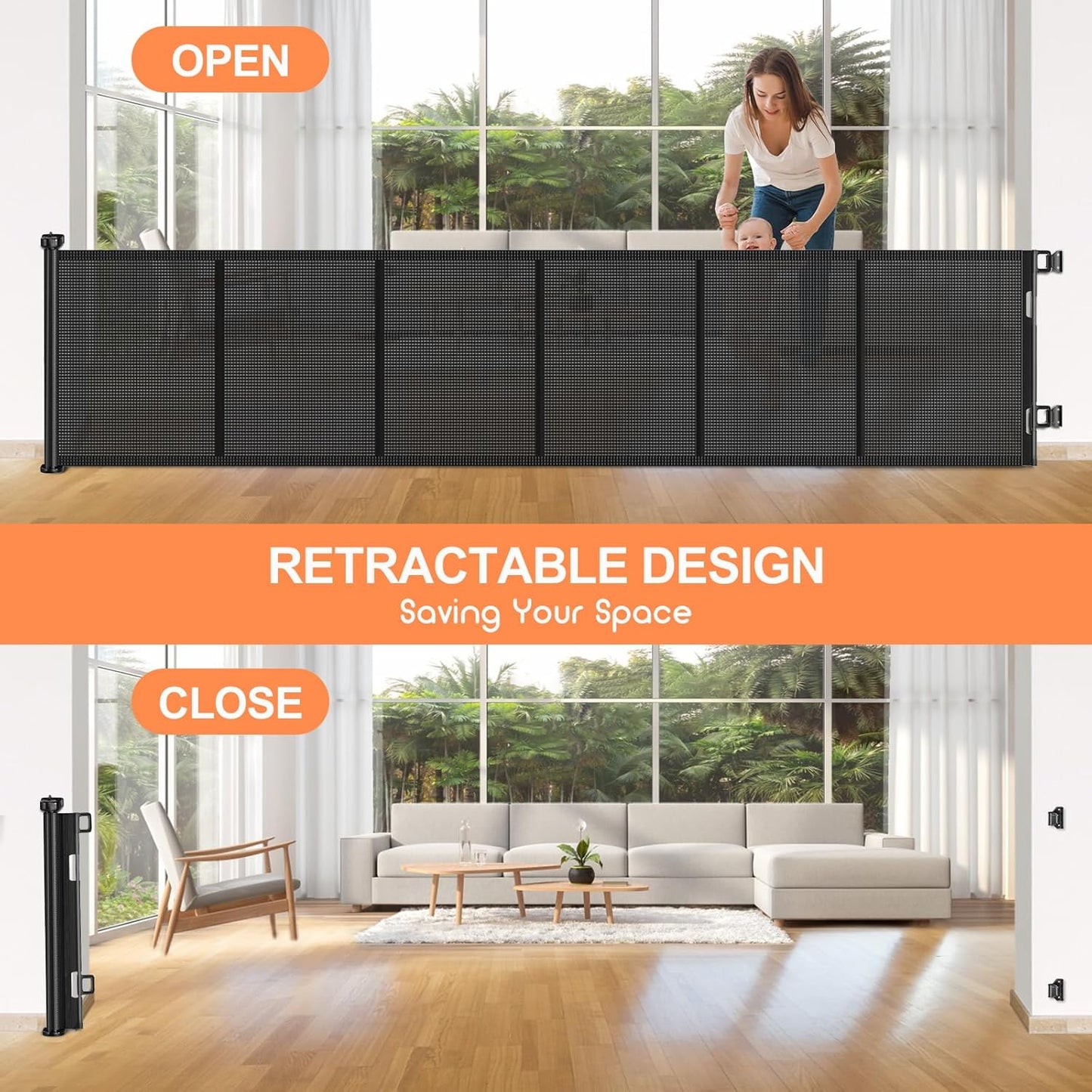 Upgrade 120 inch Retractable Baby Gates, EZIGO Extra Wide Baby Gate for Large Opening Extra Long Mesh Gate for Kids or Pet Dog Gate Child Safety Gate for Stairs Hallways Doorway Indoor Outdoor, Gray
