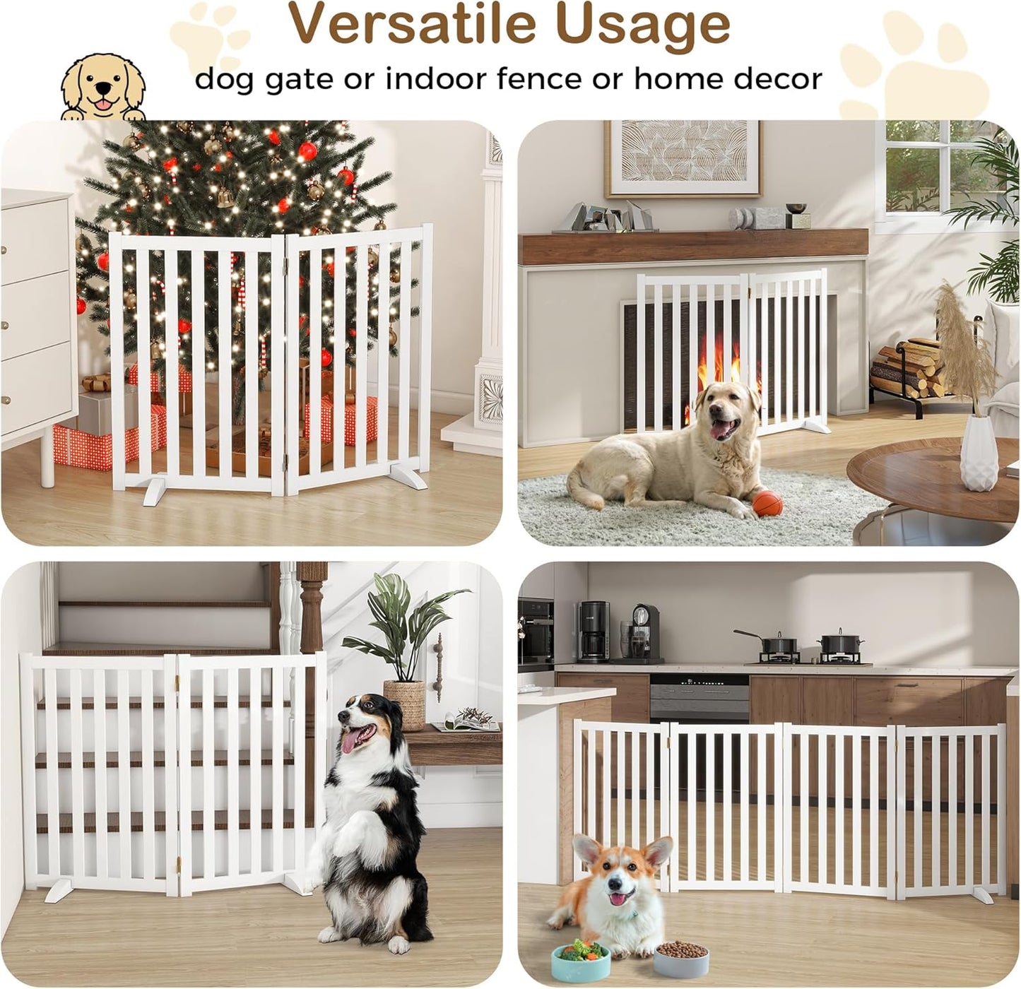 36" Height Extra Tall Freestanding Pet Gate, Solid Wood Folding Safety Fence Wooden Dog Gate with 2 PCs Support Feet Ideal for Stairs, Doorways, Halls, Kitchens, Heavy Duty Gates, 3 Panels, Oak