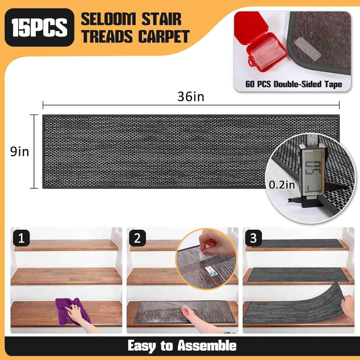 Stair Treads Non Slip for Wooden Steps Indoor 9" x 36" 15 Pack Extra Wide Stairs Tread Carpet Runner, Step Pads with Reusable Adhesive for Dogs Kids Elders, Machine Washable, Black