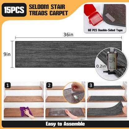 Stair Treads Non Slip for Wooden Steps Indoor 9" x 36" 15 Pack Extra Wide Stairs Tread Carpet Runner, Step Pads with Reusable Adhesive for Dogs Kids Elders, Machine Washable, Black