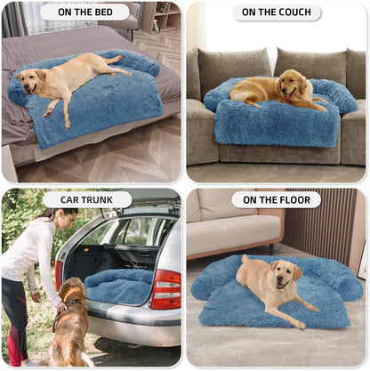 Calming Dog Bed Fluffy Plush Dog Mat for Furniture Protector with Removable Washable Cover for Large Medium Small Dogs and Cats (Large, Light Grey)