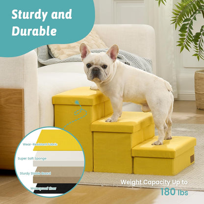 Dog Stairs with Storage, 4-Step Wider Sturdy Dog Steps for Small/Medium/Large Dogs and Older Cats, Folding Doggie Ramp for Bed/Couch/Car Hold Up to 180 lbs (22" H, Brown)