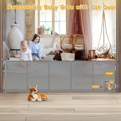 Reinforced 120 Inch Wide Retractable Baby Gates Extra Wide Pet Gate with Cat Door 10ft Extra Long Baby Gates for Large Openings 33 Inch Tall Reinforced Strips Retractable Dog Gate with Cat Door, Black
