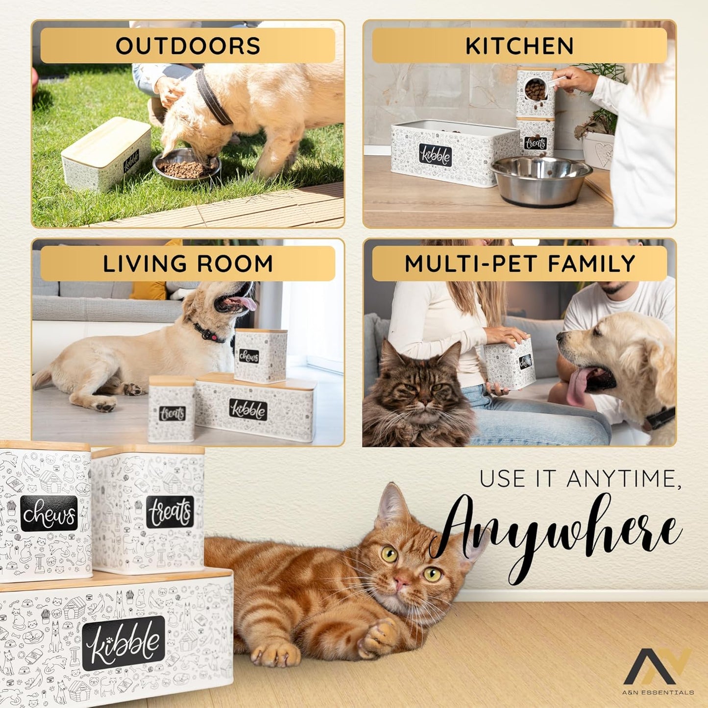 A&N Essentials 3-Piece Pet Food Storage Container Set – Airtight Galvanized Steel with Bamboo Lids – Holds Up to 6 lbs Kibble & 6 Cups Treats for Dogs & Cats