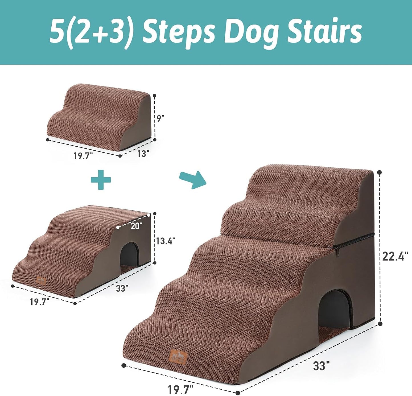 COZY KISS Extra Wide Dog Stairs with Tunnel, Foam Detachable Large Dog Step for Small Pet, Puppy or Cats, Medium Pet Ramp for High Bed, Couch, Sofa or Car, 19.7x33x22.4 inch, 5 Step, Beige