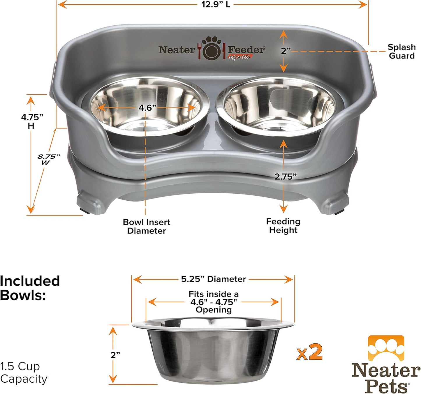 Neater Feeder Express Mess Proof Dog Bowls Elevated for Small Breeds under 15 Lb, Made in USA, No Spill Raised Dog Food Bowl Stand, Stainless Steel Food and Water Bowl Set, Feeding Station, Cappuccino